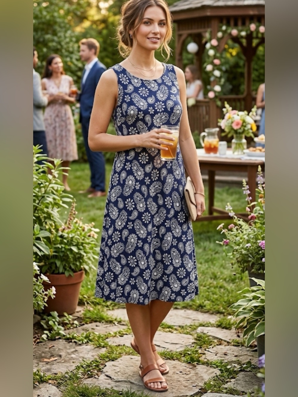 Tommy Hilfiger Dress Women's 16 Navy Beige Paisley Sleeveless Summer Midi NWT